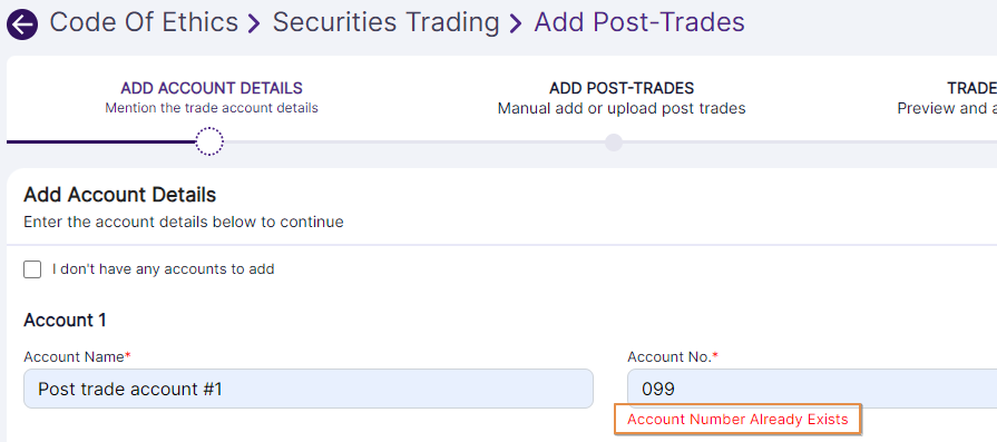 Duplicate account number validation tooltip