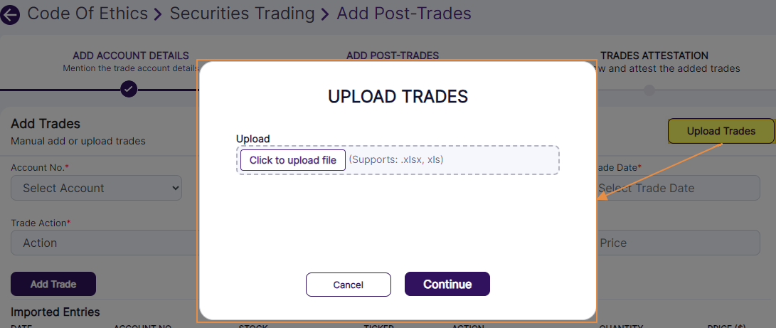 Upload Trades dialog box