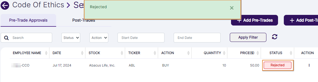 Rejected success notification