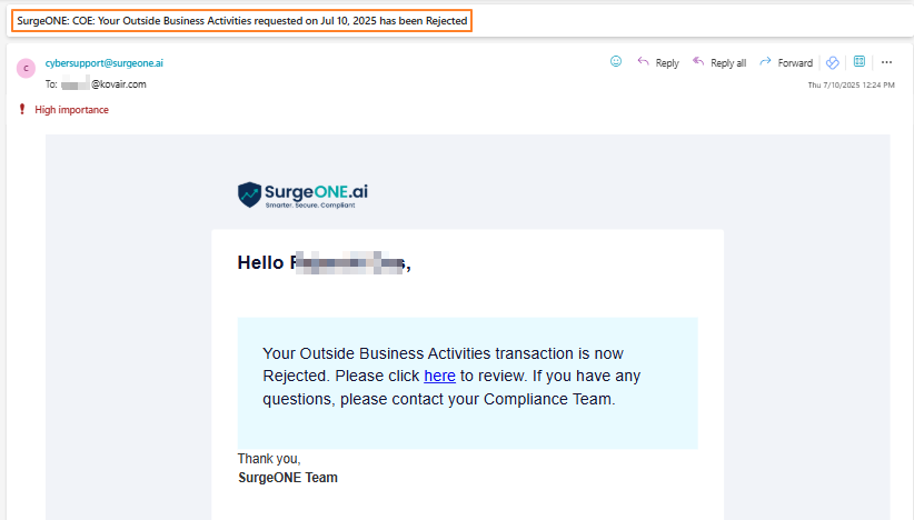Rejected email triggered