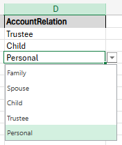 Provided options under the AccountType column