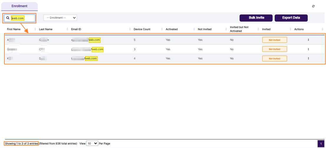 Using the search bar to find matching entries