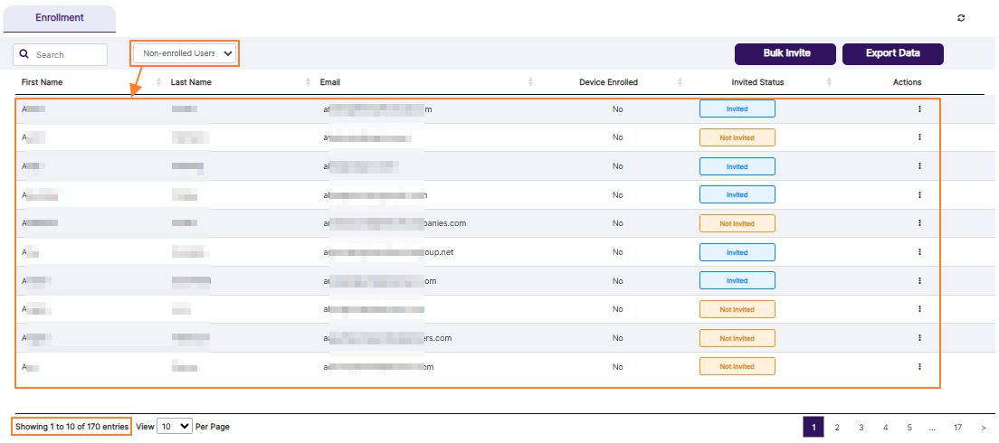 Selecting non-enrolled users filter option