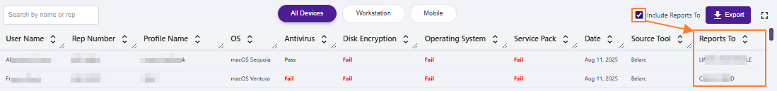Reports To column visibility when the Include Reports To checkbox is selected