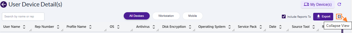 Collapse icon in User Device Detail(s) above the expanded grid view