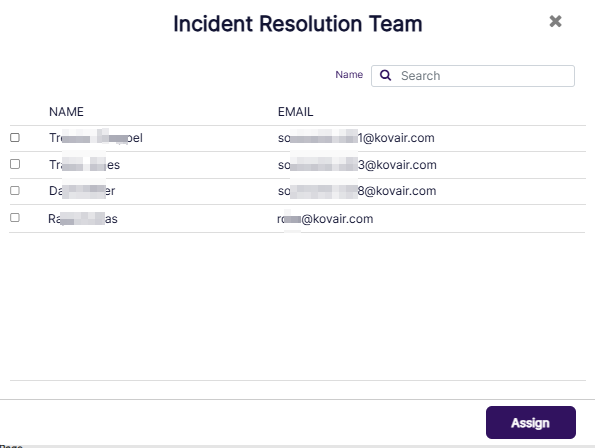 Incident Resolution Team modal window