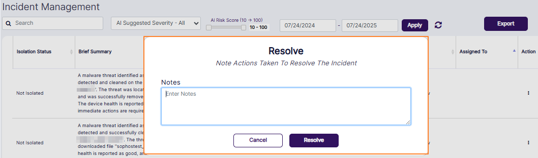 View of the loaded Resolve modal window
