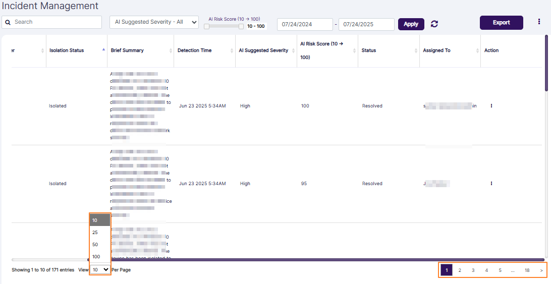 Incident Management page pagination options