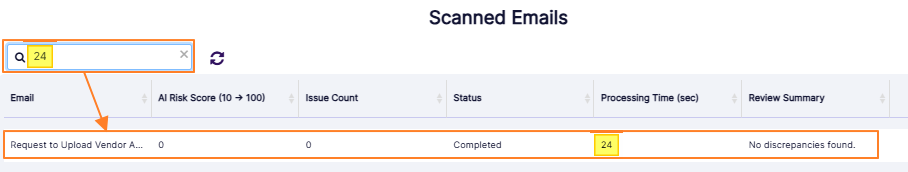 Search operation executed and displaying matching result