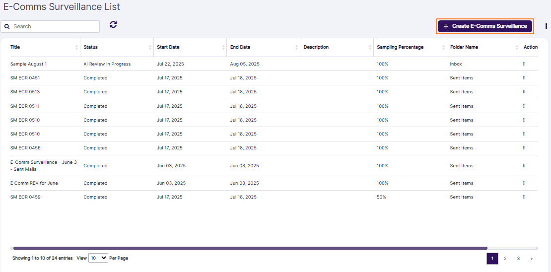 + Create E-Comms Surveillance button