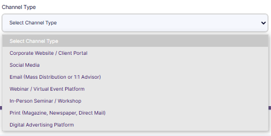 Setting the applicable Channel Type using the provided dropdown options