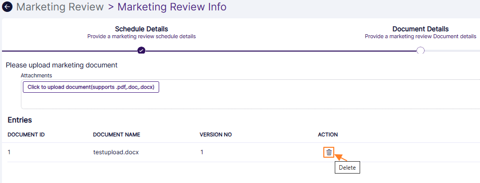 Delete icon to remove chosen attachment