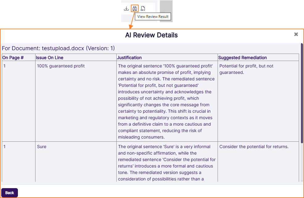 Inactive icon for viewing AI assessment feedback
