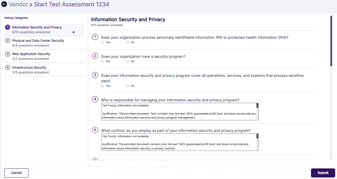 View of categories and its questionnaire