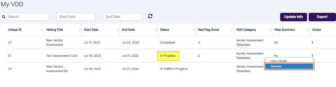 Resume option to load the in progress assessment