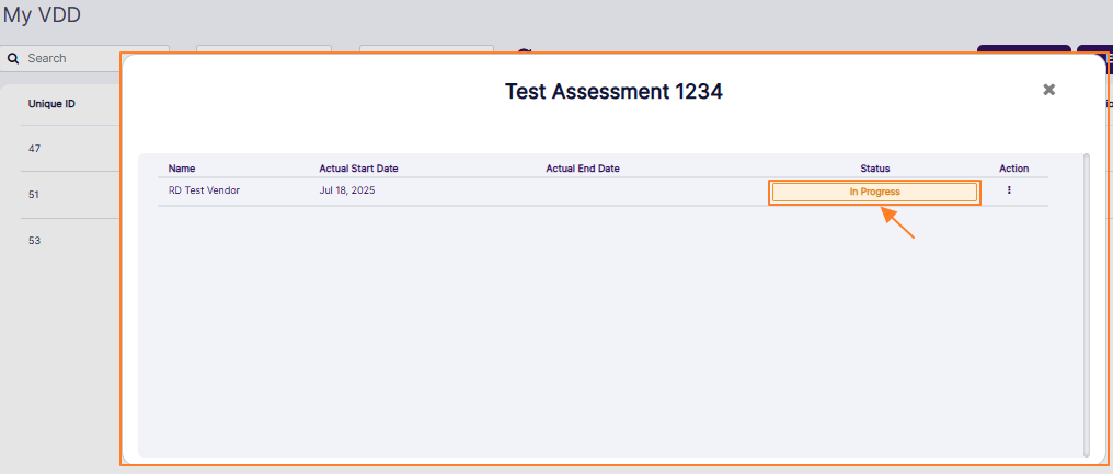 In Progress button of the loaded vendor assessment
