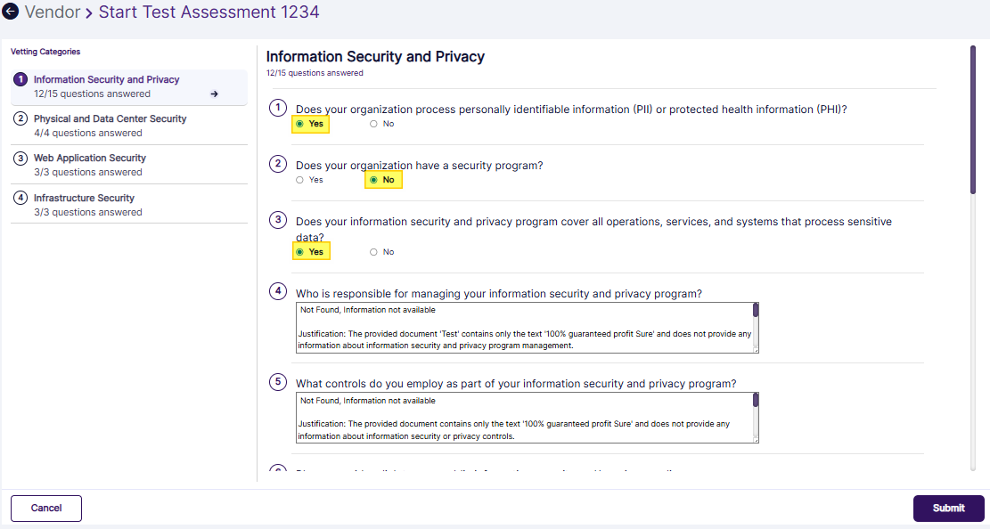 View of categories and its questionnaire