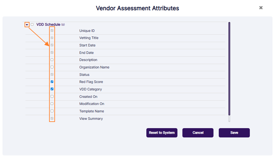 Selecting the column checkboxes