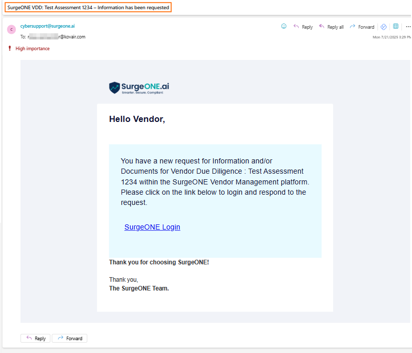 Triggered email regarding further furnishing of required documentation or required information