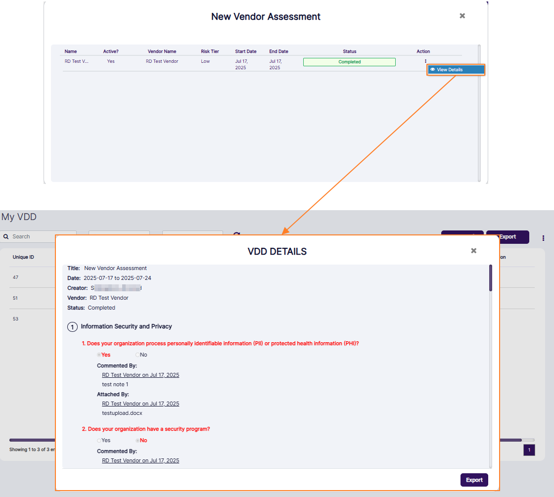 View Details option loads the VDD Details modal view