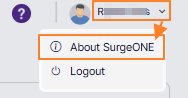 User menu expanded view showing the About SurgeONE menu option