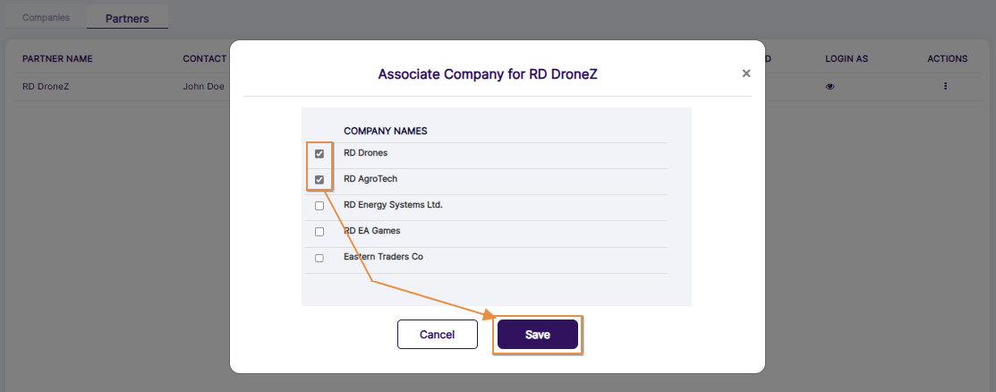 Associate Company modal view