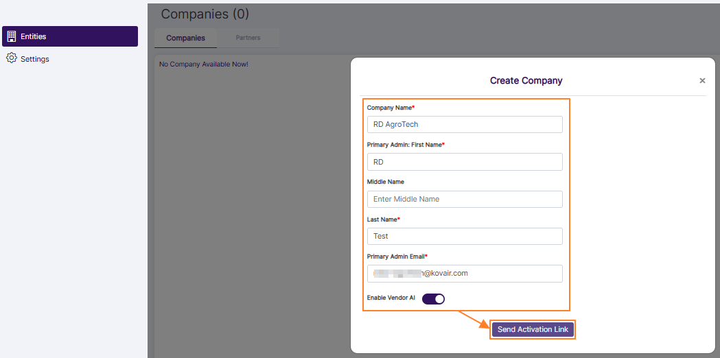 Send Activation Link button