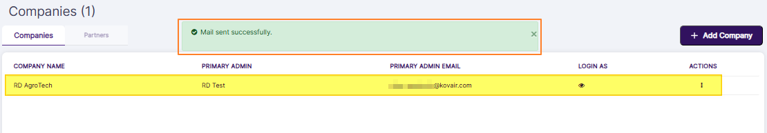 Created company visible in grid