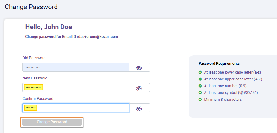 Change Password button disabled when all the conditions are not met