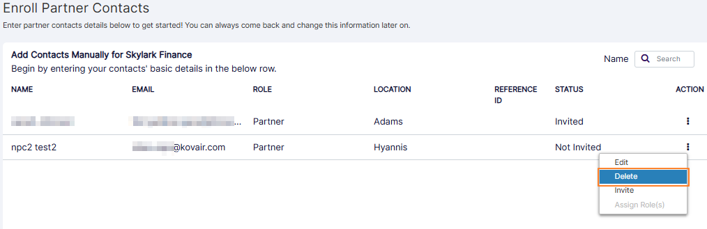 Delete menu option to remove the Partner Contact