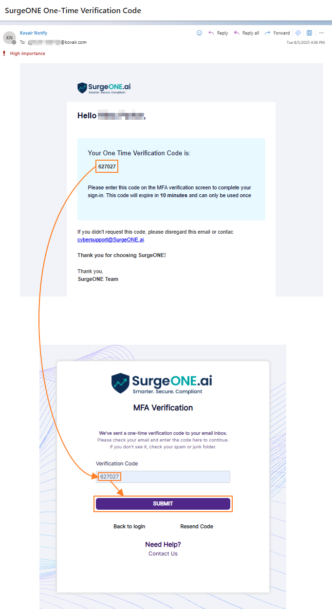 Entering MFA code from email in MFA Verification page to login securely