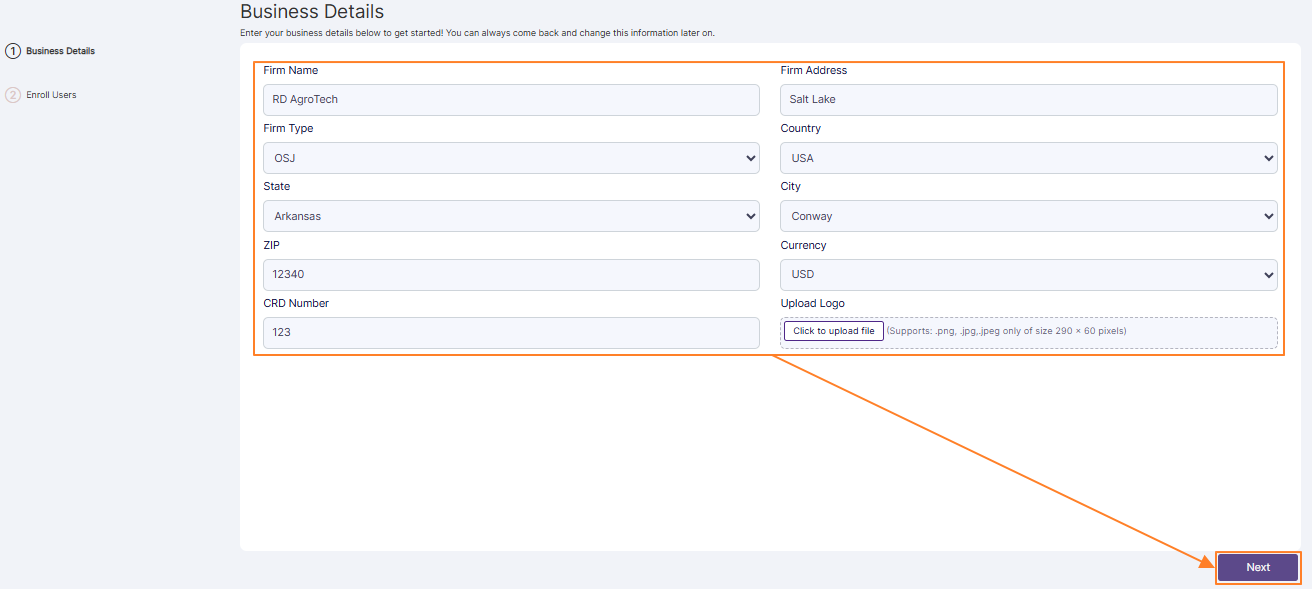 Proceeding to the second stage after providing business details