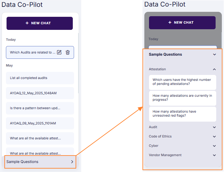 Expanded area showing the various default components of the sample questions