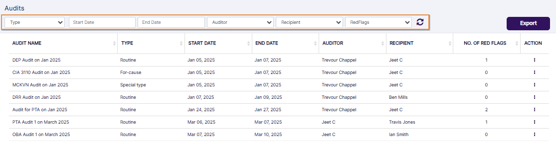 Audits section filter options