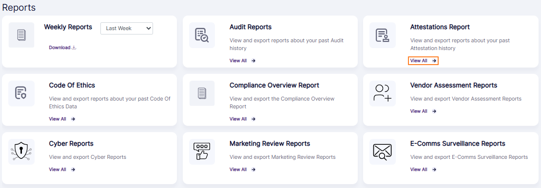View All option of the Attestations Report tile on the Reports page