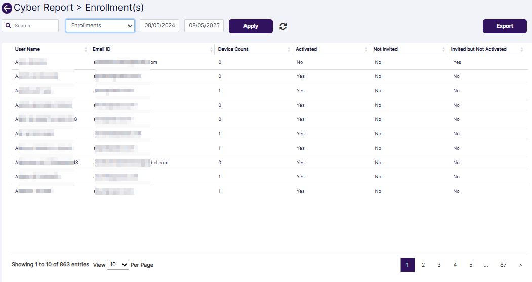 View of filters and grid view when Enrollments dropdown is selected