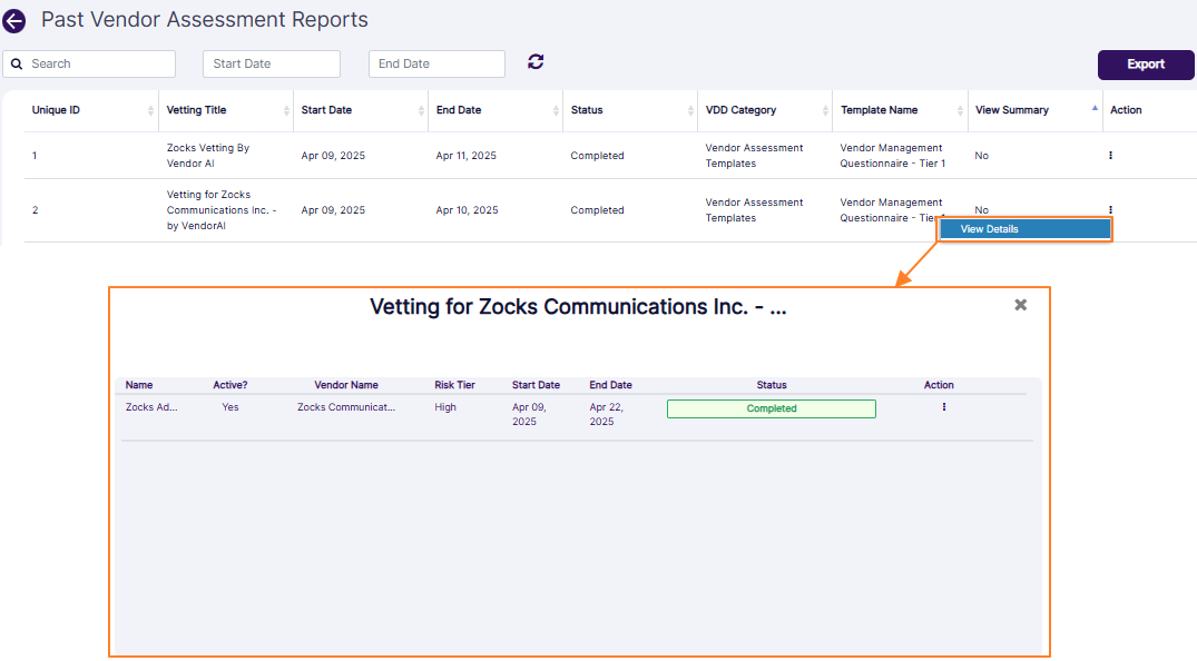 Proceeding to view the status-wise modal window