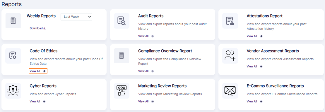 View All option of the Code of Ethics Report tile on the Reports page