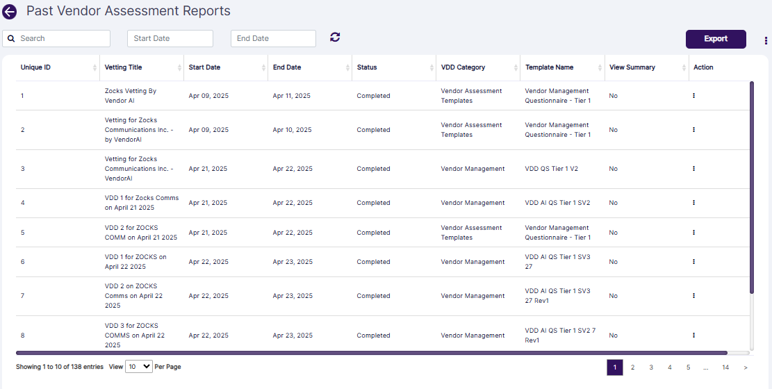 Vendor Assessment Reports view