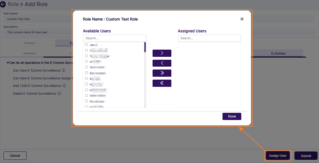 Modal window to assign user(s) to new custom role