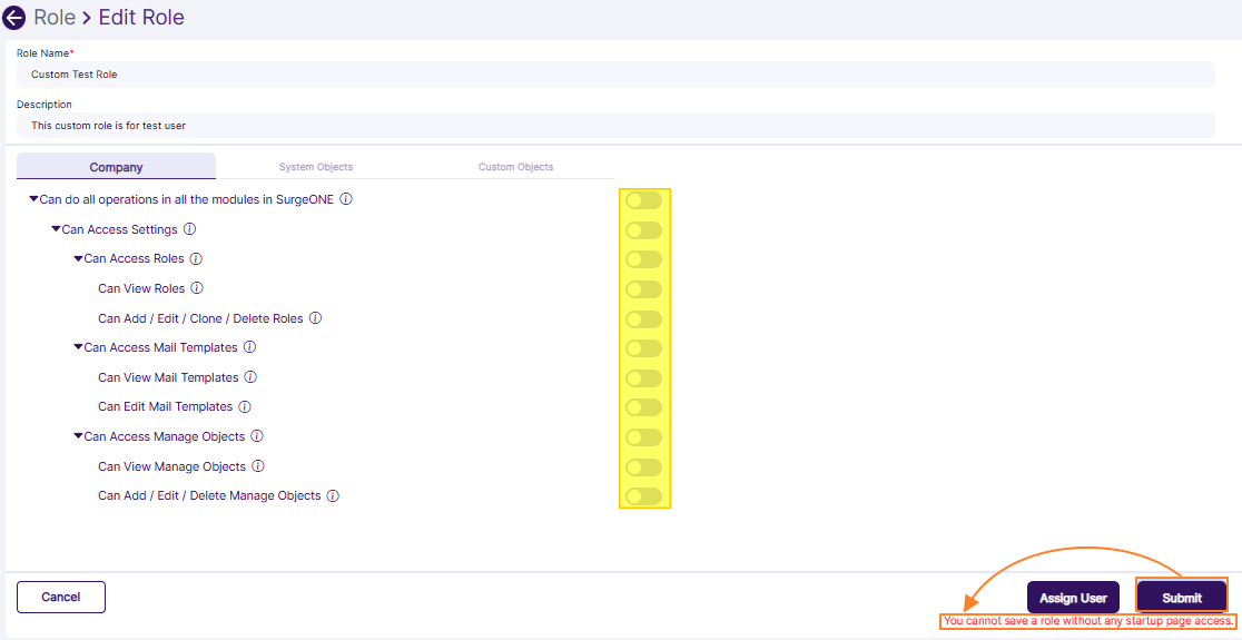 Validation notification triggered when any startup page view access is not granted