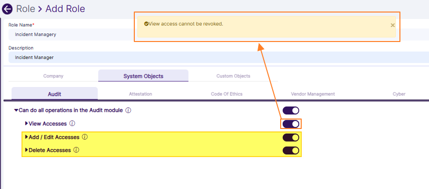 Validation notification triggered when the view access cannot be revoked