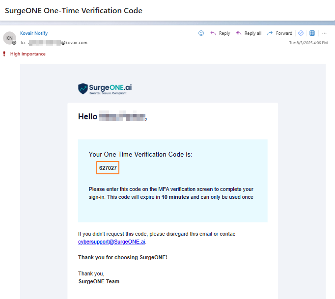 Email triggered with MFA code
