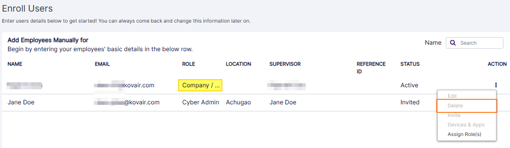 Delete option of the row context menu disabled for Company / Branch Admin
