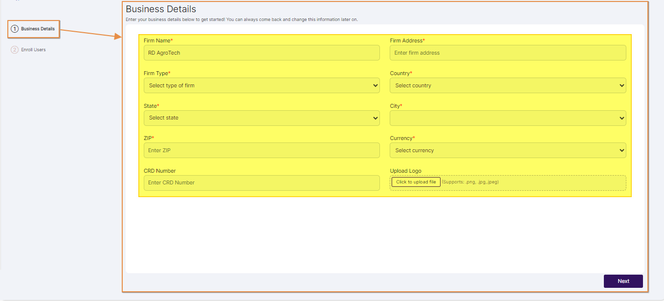 Fields of Business Details stage