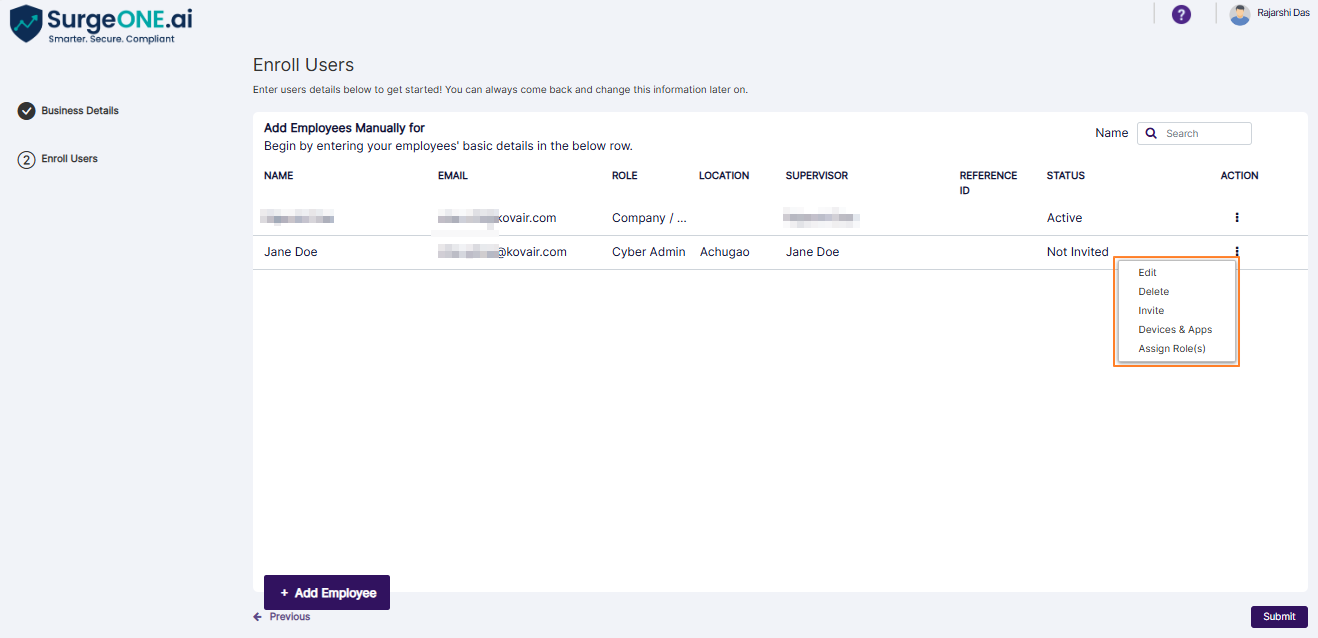 Row context menu options of the created employee