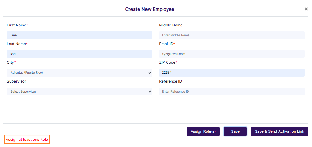 Role needs to be assigned to save employee