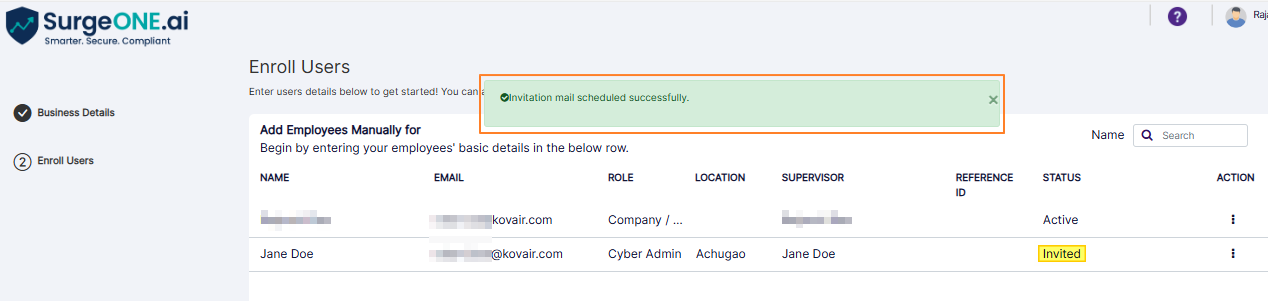 Success notification of invite mail trigger