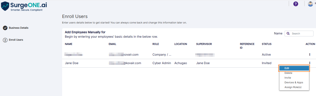 Edit option of the row context menu
