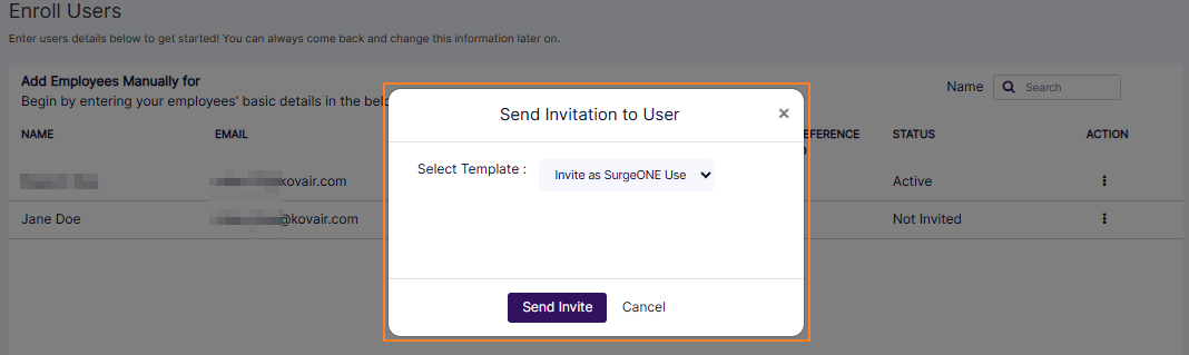 Send Invitation to User modal window view